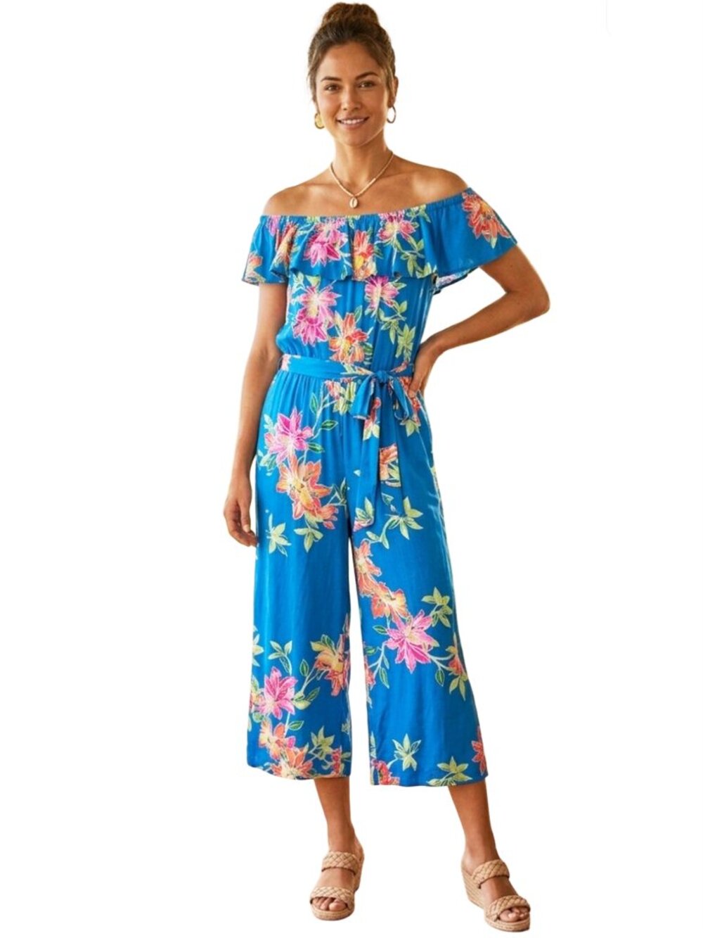 Tommy Bahama Cropped Romper Jumpsuit Sun Lilies Floral Azure Blue Ruffles M-L